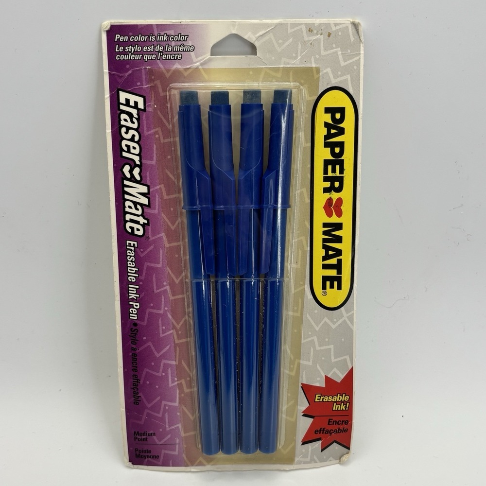 Vintage Paper Mate‎ Eraser Mate Erasable Pens Medium Point Blue Ink 1996 NOS